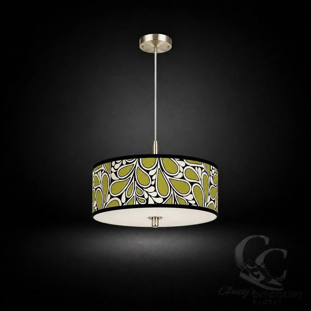 Vintage MCM Drum Pendant Light Olive Green Retro Ceiling Fixture